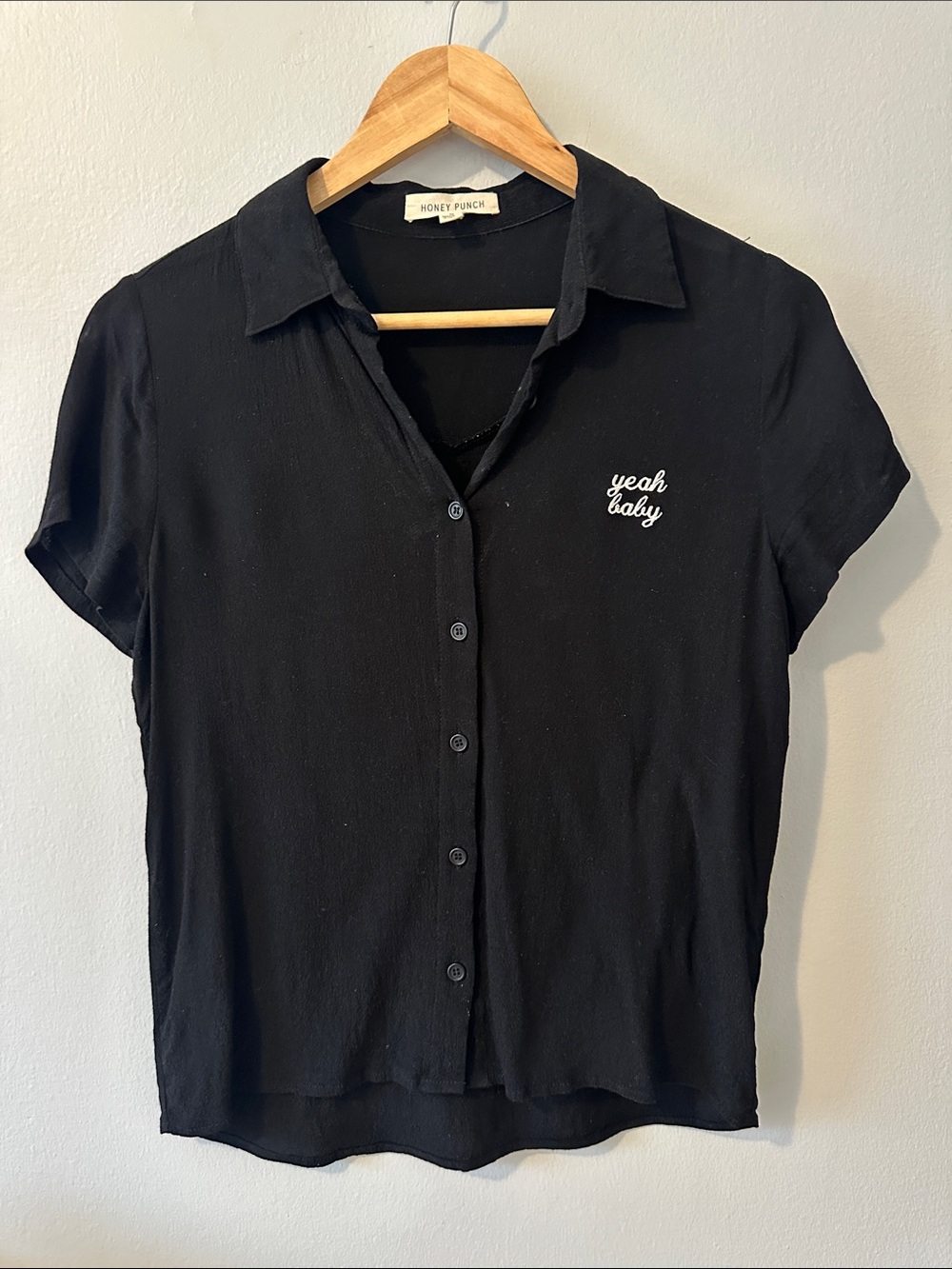 Honey Punch Black Short-Sleeve Button Down Shirt with 'yeah baby' Embroidery